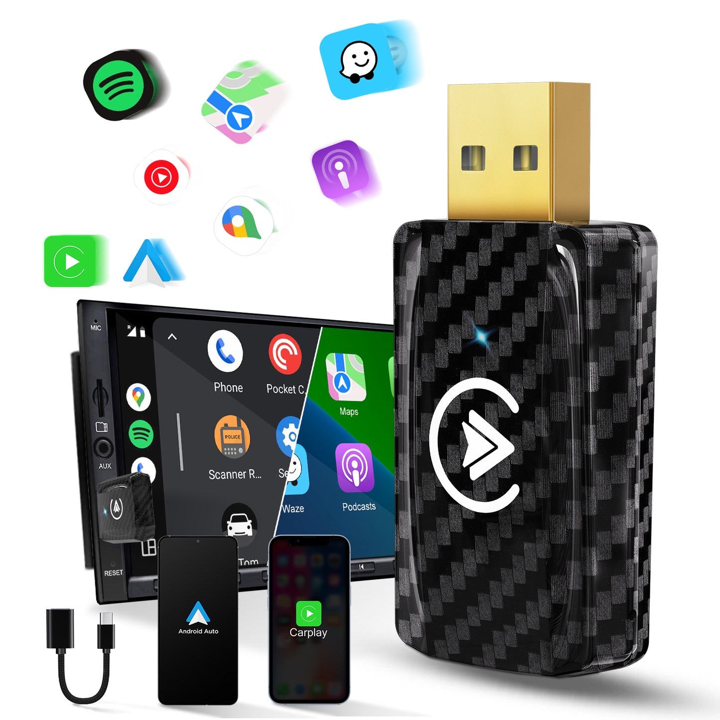 MSXTTLY AC01 2IN1 Wireless CarPlay & Android Auto Adapter