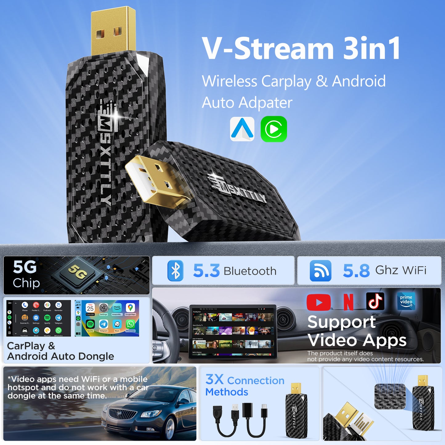 MSXTTLY Vstream 3in1 Wireless CarPlay Android Auto Adapter, Support Netflix/YouTube/TikTok/Prime Video