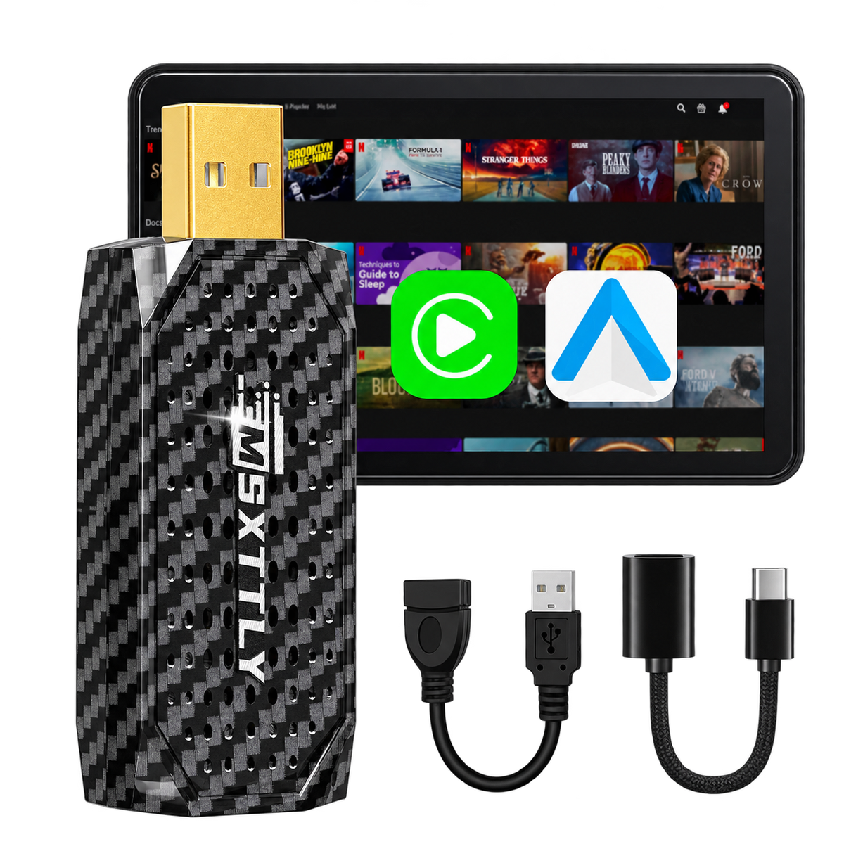 MSXTTLY Vstream 3-in-1 Wireless-Adapter für CarPlay & Android Auto mit Netflix, YouTube, TikTok & Prime Video