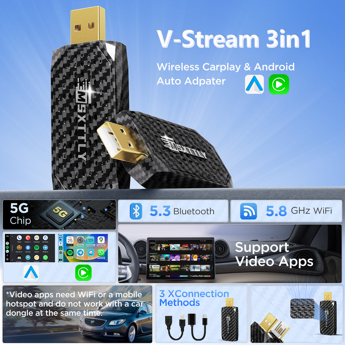 MSXTTLY Vstream Adaptador inalámbrico 3 en 1 CarPlay & Android Auto con Netflix, YouTube, TikTok & Prime Video