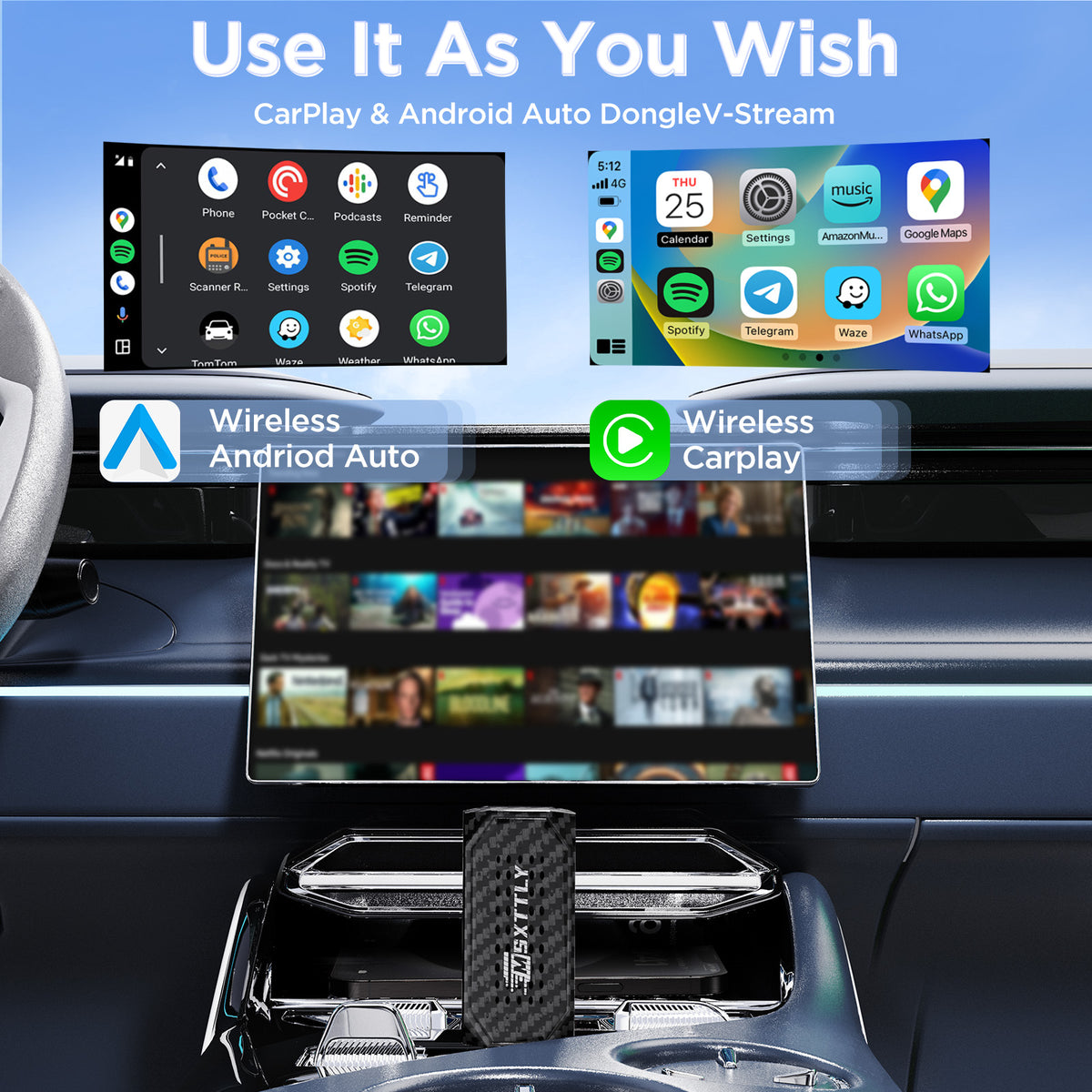 MSXTTLY Vstream Adaptador inalámbrico 3 en 1 CarPlay & Android Auto con Netflix, YouTube, TikTok & Prime Video