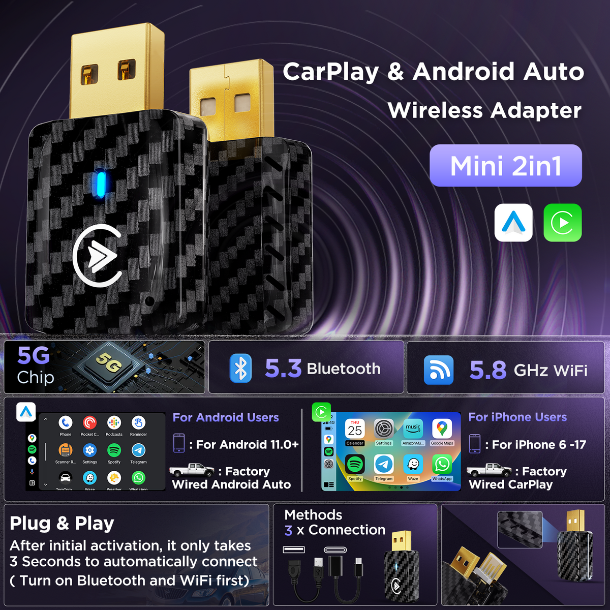 MSXTTLY U2AC-01 Adaptador inalámbrico 2 en 1 para CarPlay & Android Auto