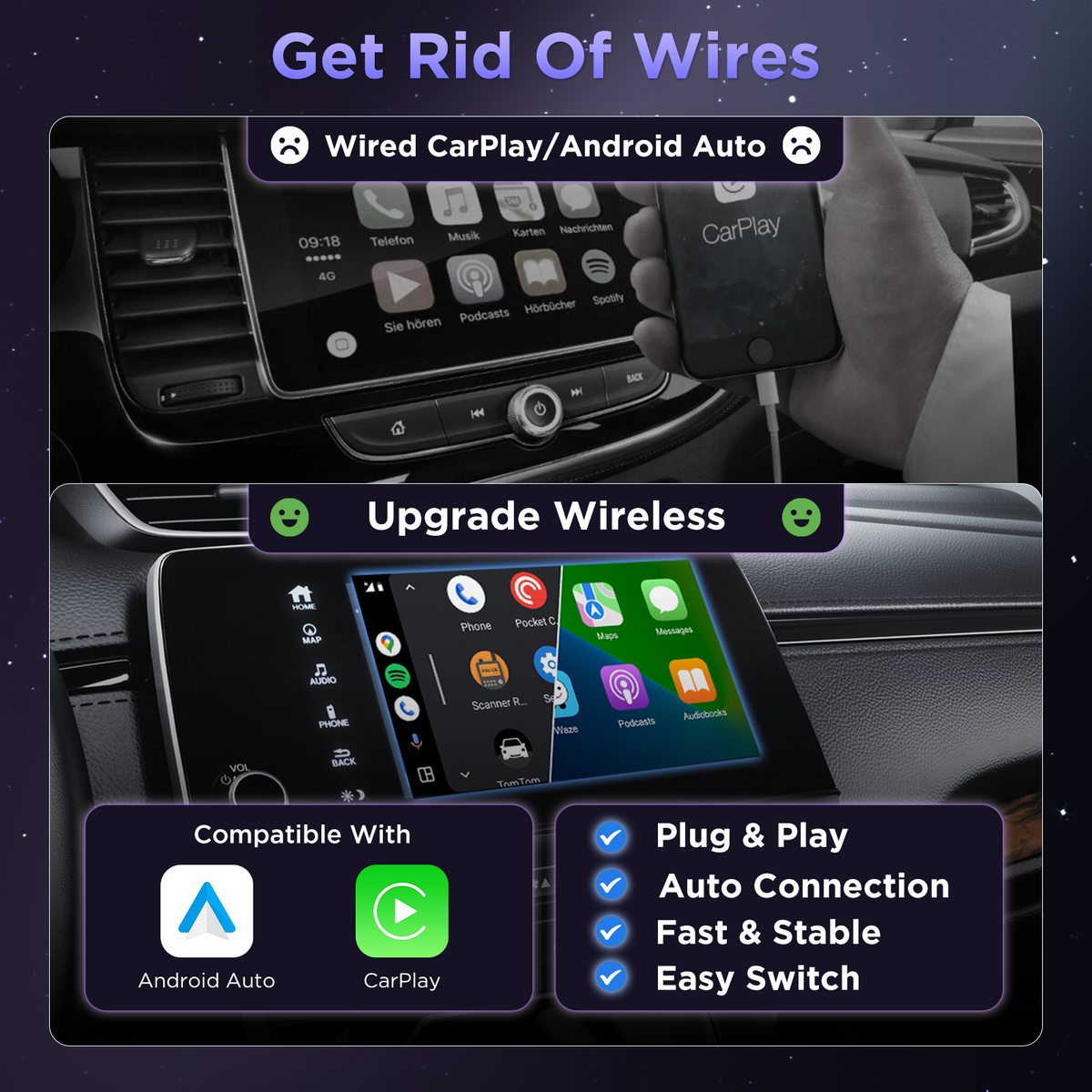 MSXTTLY U2AC-01 Adaptador inalámbrico 2 en 1 para CarPlay & Android Auto
