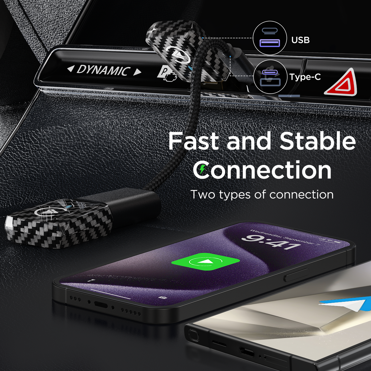 MSXTTLY U2AC-01 Adaptador inalámbrico 2 en 1 para CarPlay & Android Auto