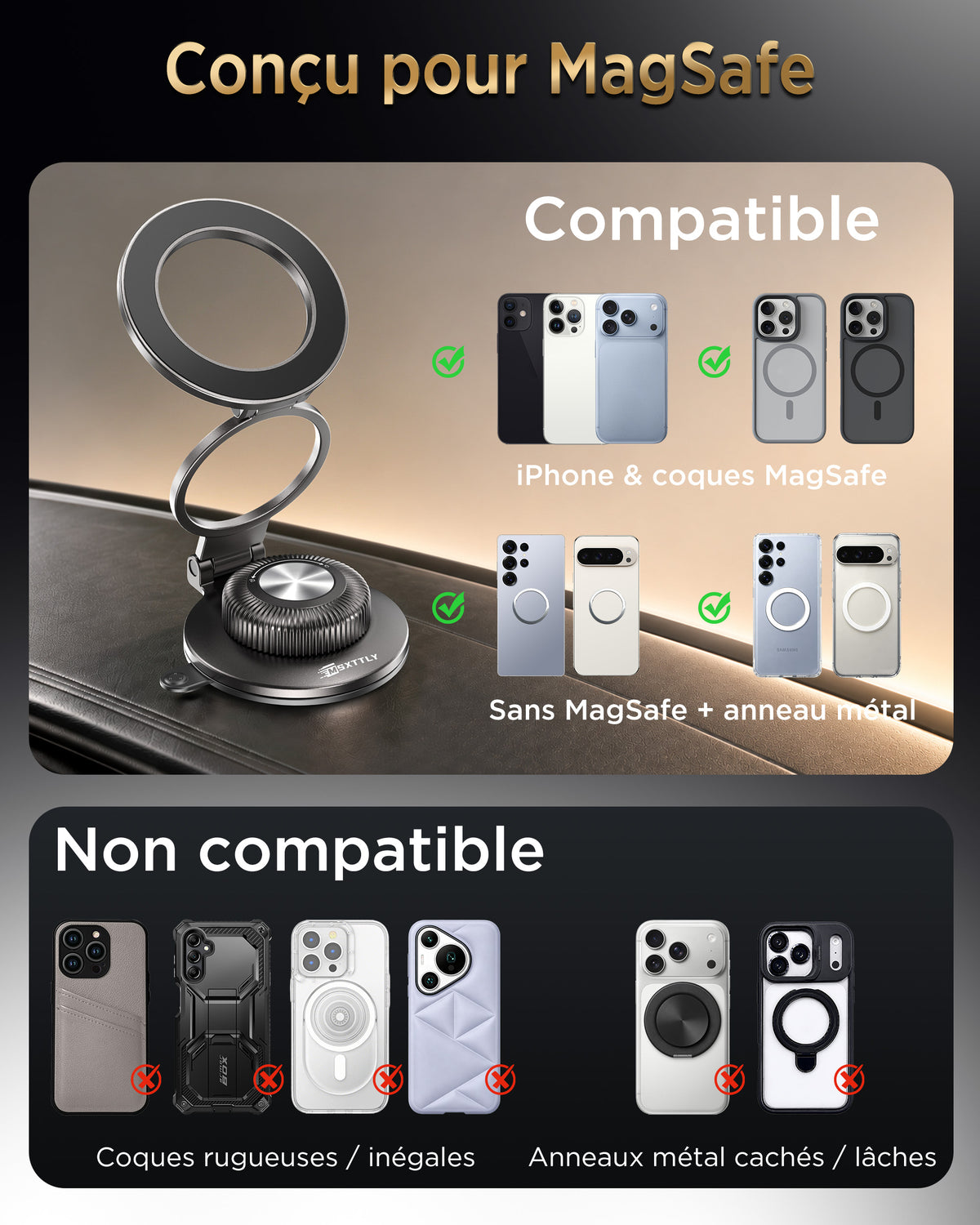 MSXTTLY All-Metal Vacuum Magnetic Phone Holder for Car, Mag-Safe Car Mount