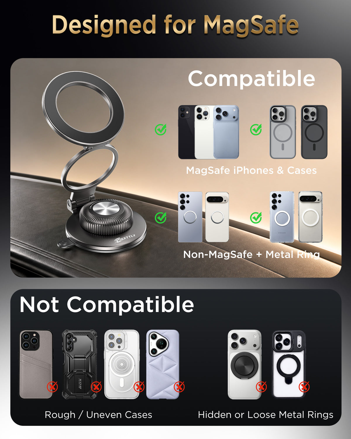 MSXTTLY All-Metal Vacuum Magnetic Phone Holder for Car, Mag-Safe Car Mount