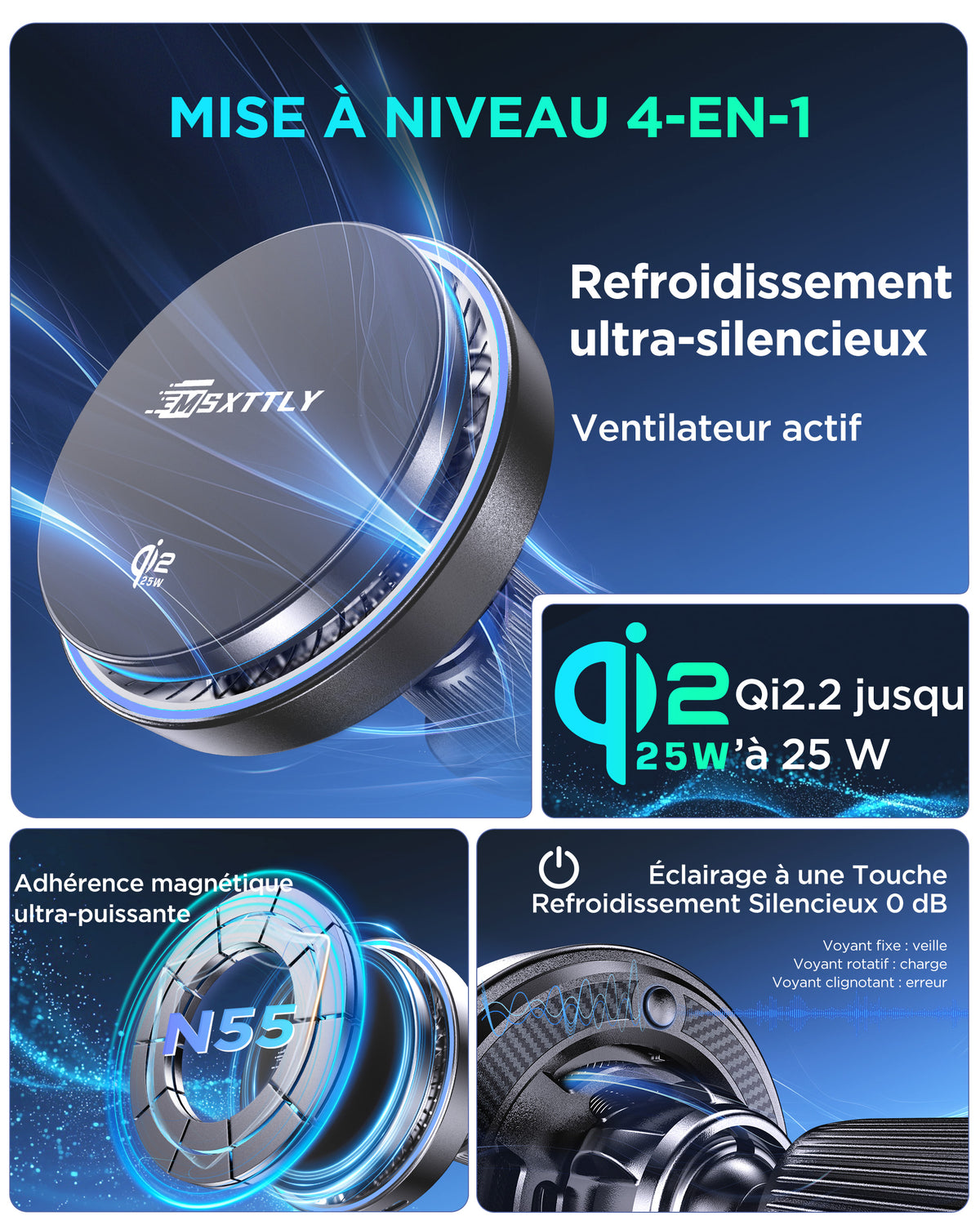 MSXTTLY K503 Support-chargeur magnétique sans fil Qi2.2 25 W pour voiture