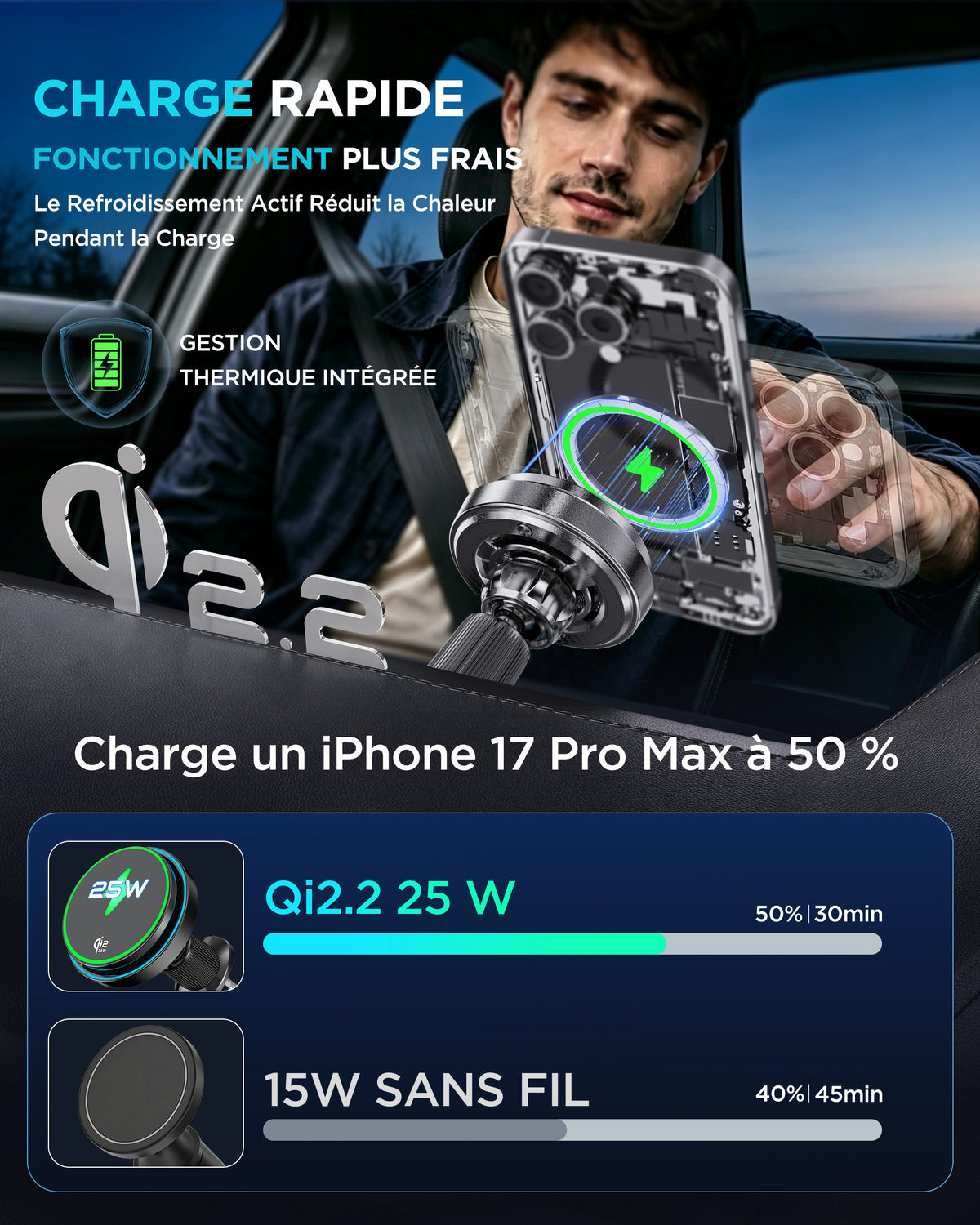 MSXTTLY K503 Support-chargeur magnétique sans fil Qi2.2 25 W pour voiture