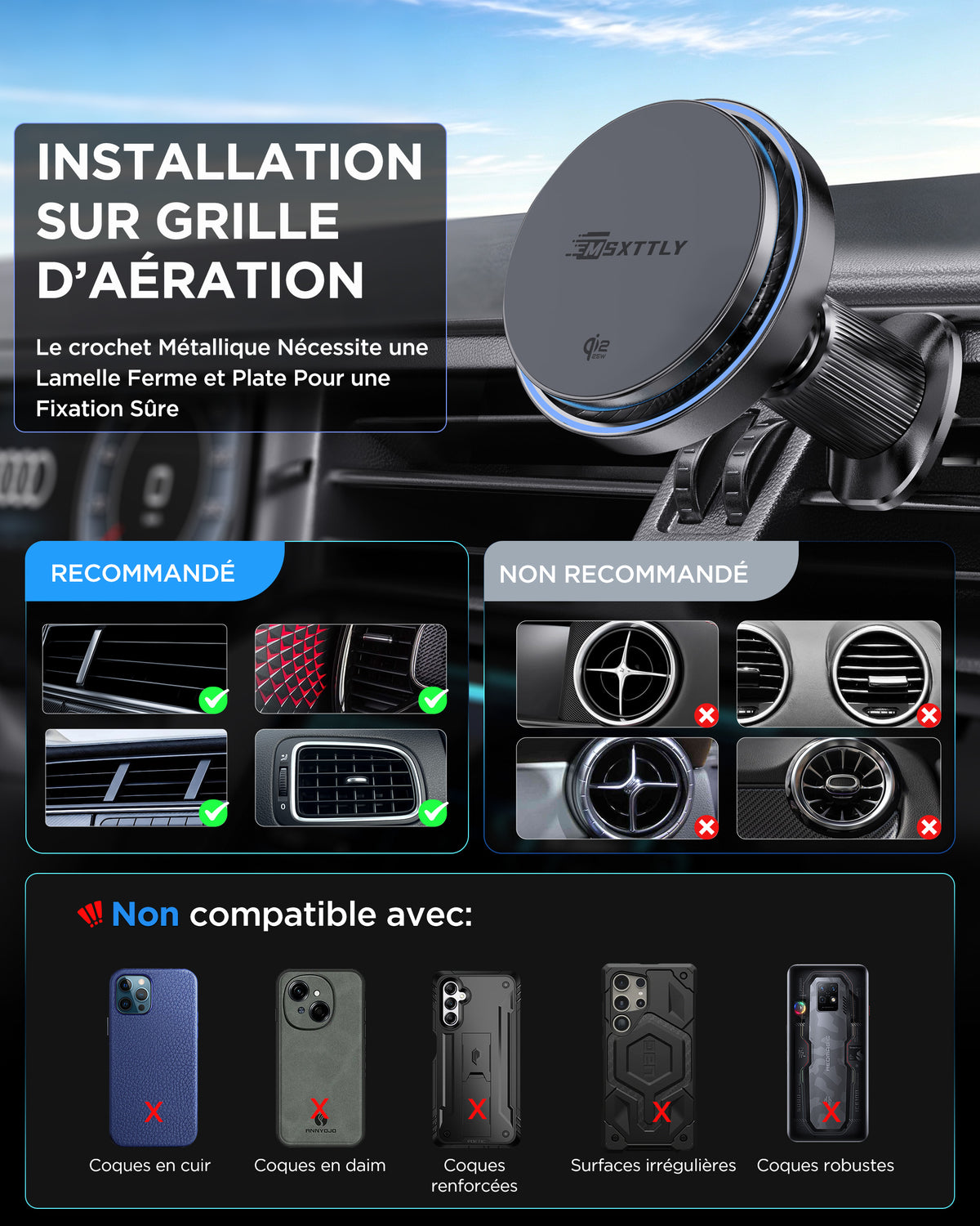 MSXTTLY K503 Support-chargeur magnétique sans fil Qi2.2 25 W pour voiture