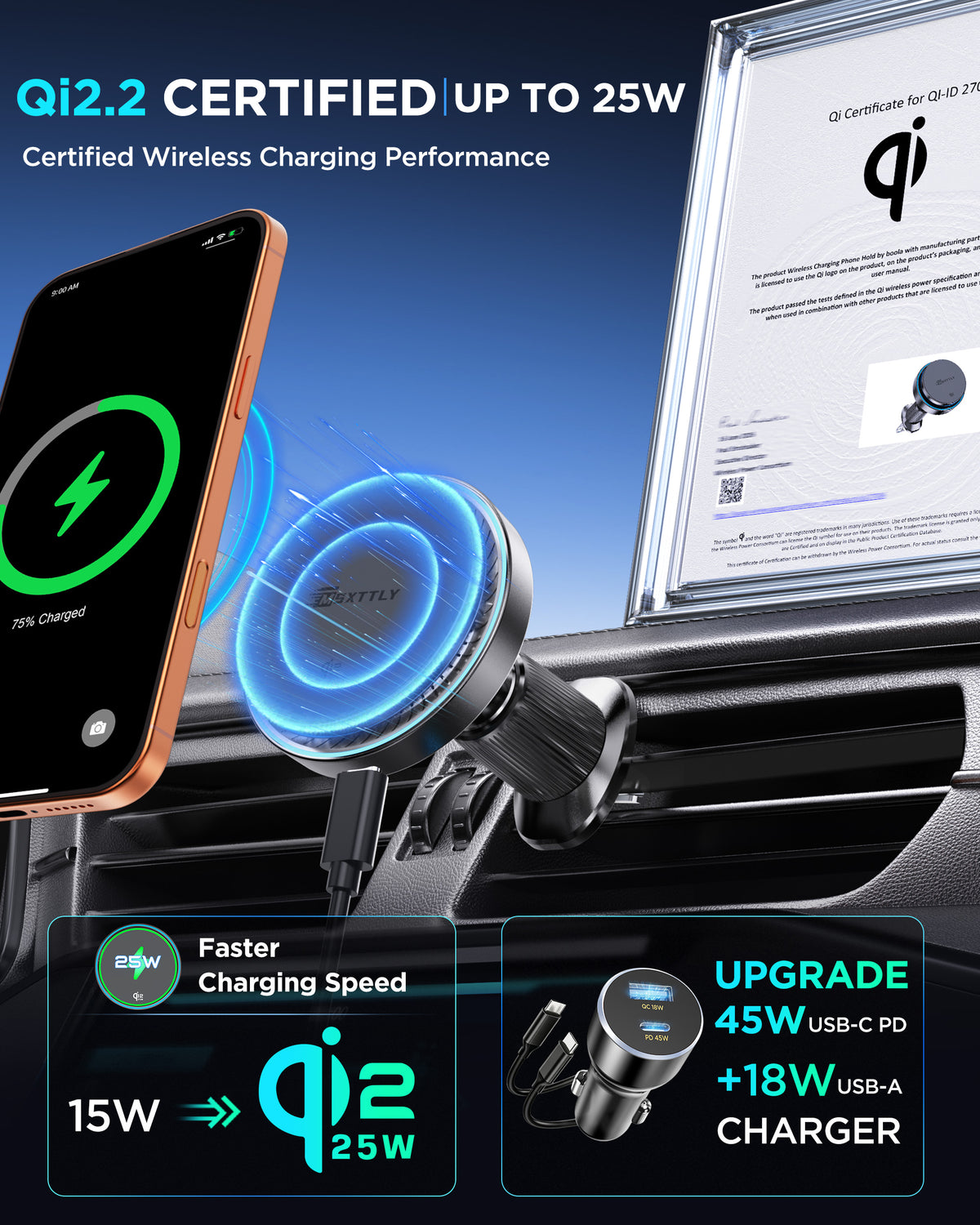 MSXTTLY K503 Soporte-cargador magnético inalámbrico Qi2.2 de 25 W para coche