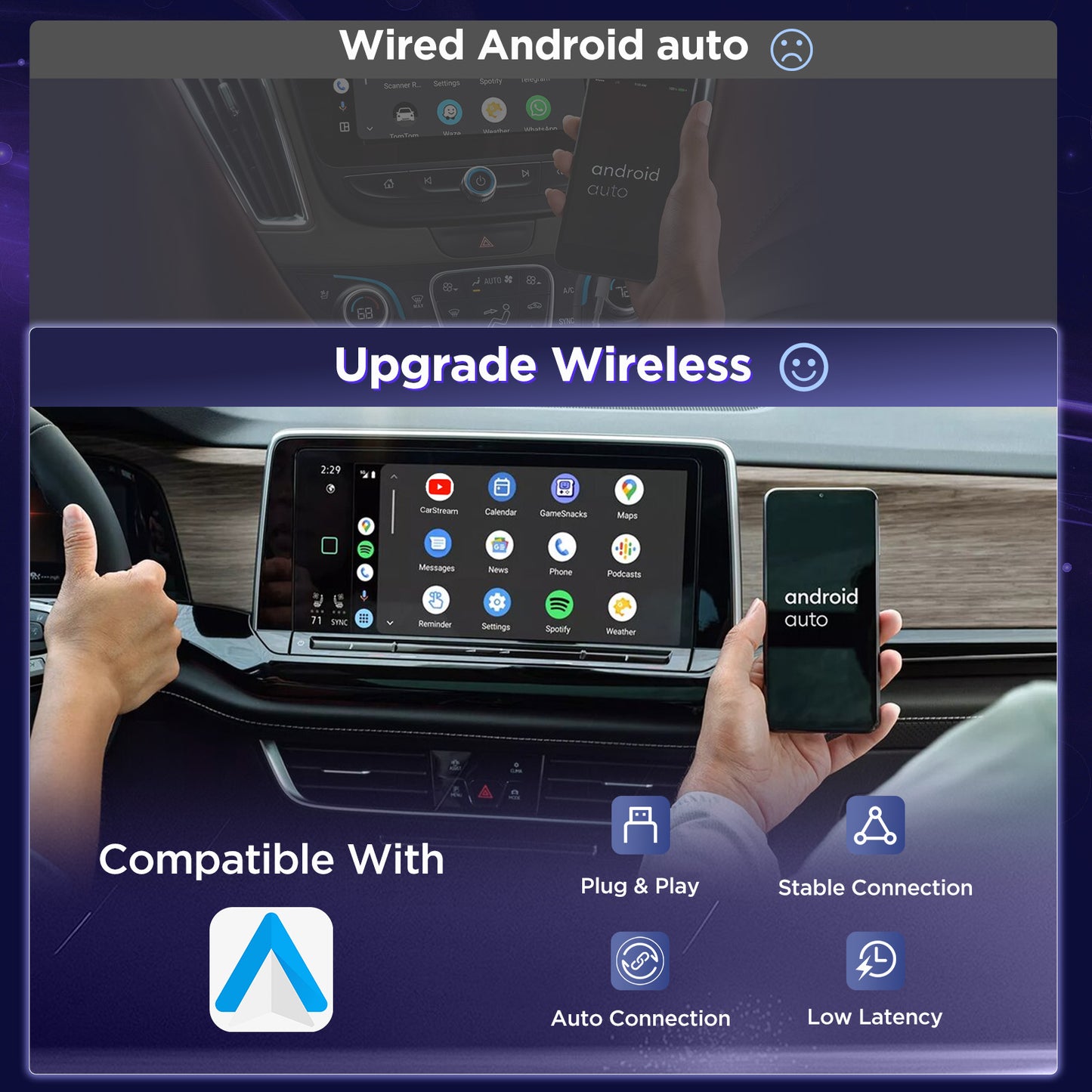 【2026 NEW】MSXTTLY Mini Android Auto Wireless Adapter Support YouTube, for Car USB Small Dongle Plug & Play, for Car Models 2017 Above, U2AC-L9