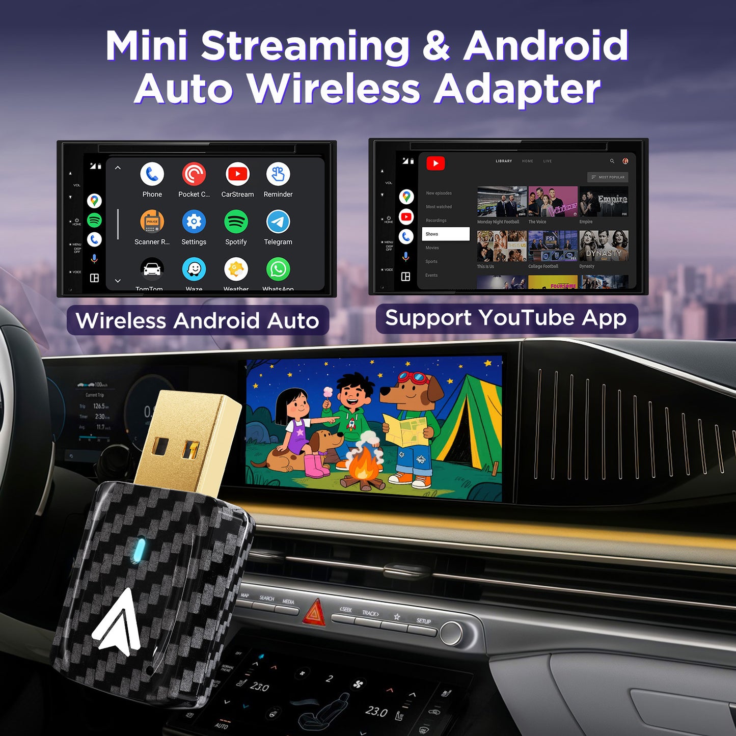 【2026 NEW】MSXTTLY Mini Android Auto Wireless Adapter Support YouTube, for Car USB Small Dongle Plug & Play, for Car Models 2017 Above, U2AC-L9