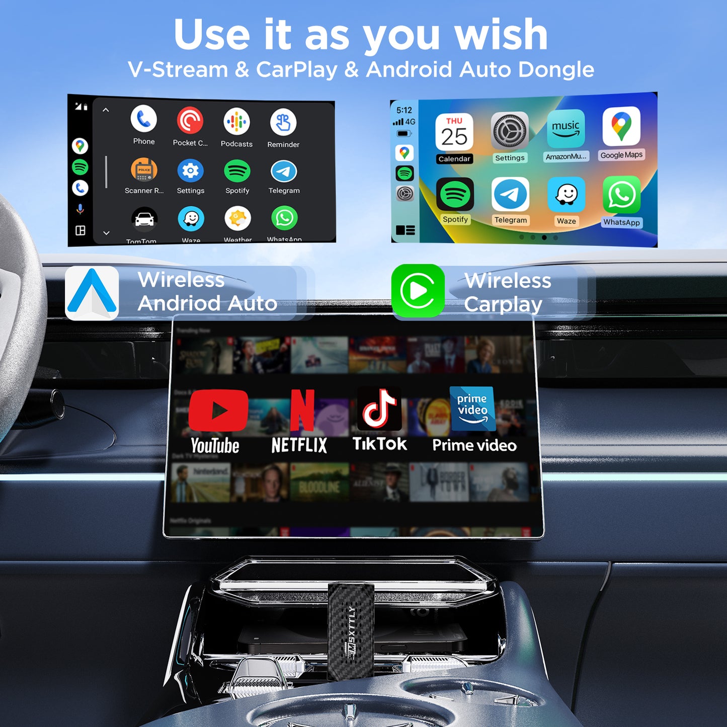 MSXTTLY Vstream 3in1 Wireless CarPlay Android Auto Adapter, Support Netflix/YouTube/TikTok/Prime Video