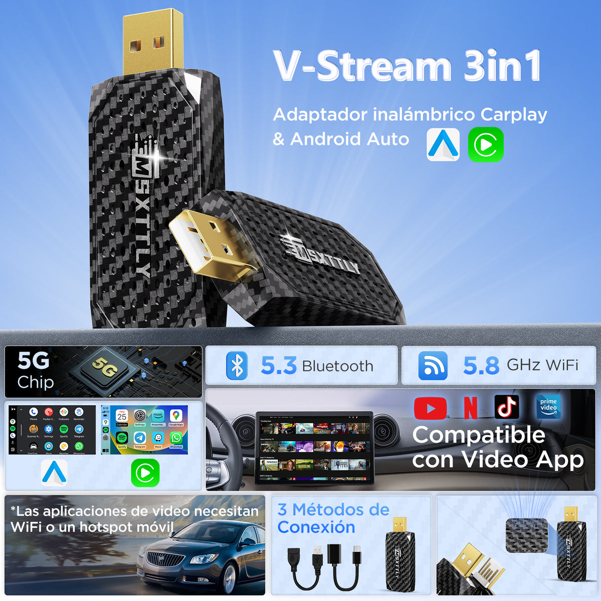 MSXTTLY Vstream 3in1 Wireless CarPlay Android Auto Adapter, Support Netflix/YouTube/TikTok/Prime Video