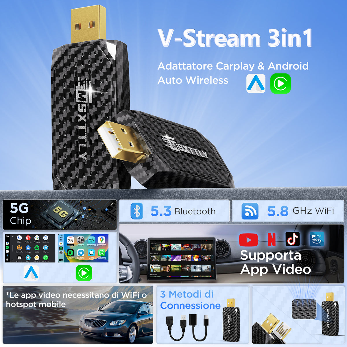 MSXTTLY Vstream 3in1 Wireless CarPlay Android Auto Adapter, Support Netflix/YouTube/TikTok/Prime Video