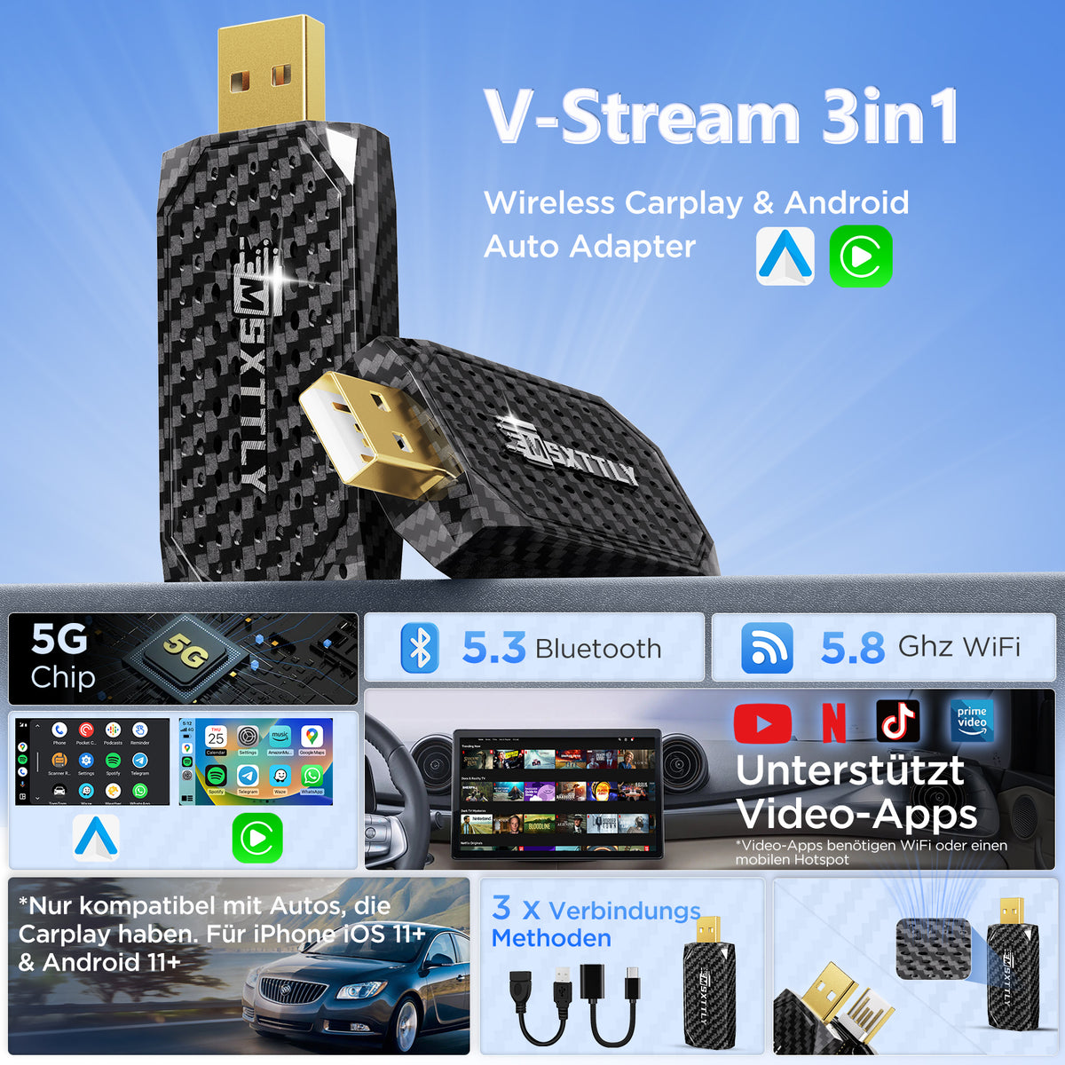 MSXTTLY Vstream 3in1 Wireless CarPlay Android Auto Adapter, Support Netflix/YouTube/TikTok/Prime Video