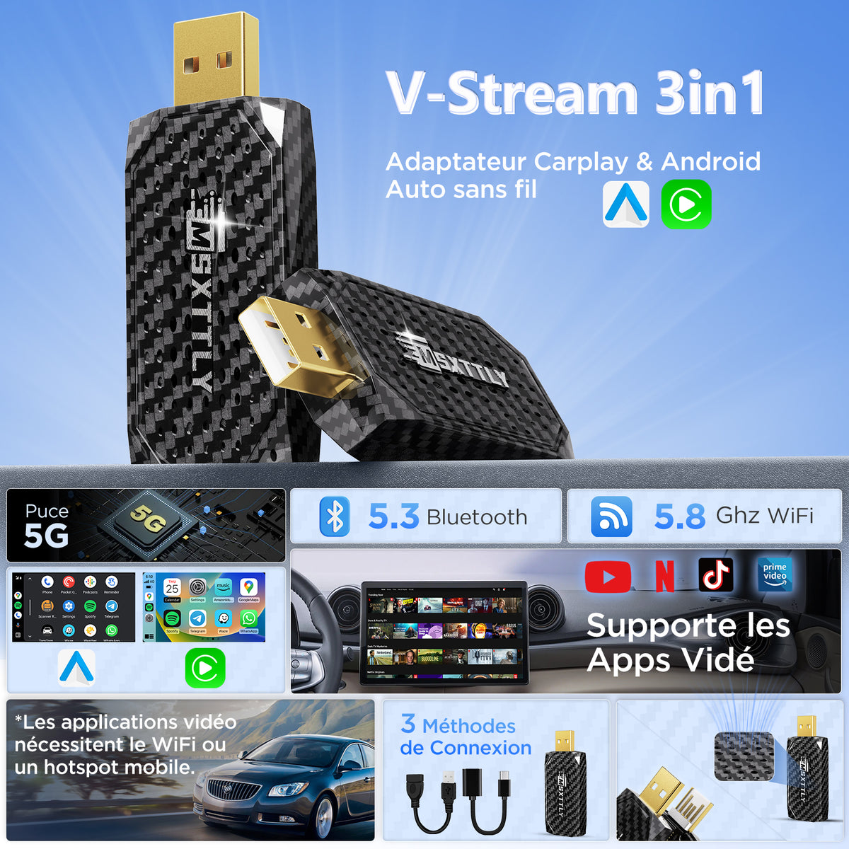 MSXTTLY Vstream 3in1 Wireless CarPlay Android Auto Adapter, Support Netflix/YouTube/TikTok/Prime Video