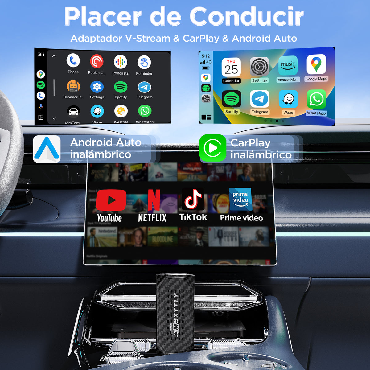 MSXTTLY Vstream 3in1 Wireless CarPlay Android Auto Adapter, Support Netflix/YouTube/TikTok/Prime Video