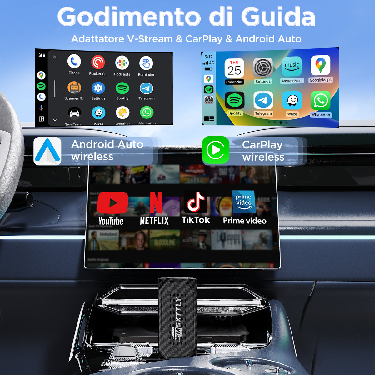 MSXTTLY Vstream 3in1 Wireless CarPlay Android Auto Adapter, Support Netflix/YouTube/TikTok/Prime Video