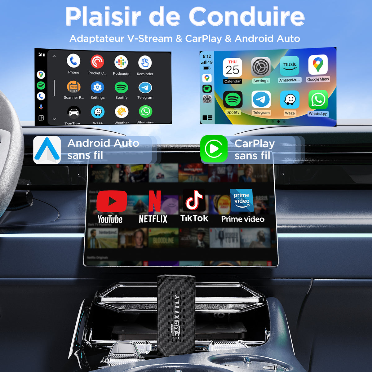 MSXTTLY Vstream 3in1 Wireless CarPlay Android Auto Adapter, Support Netflix/YouTube/TikTok/Prime Video