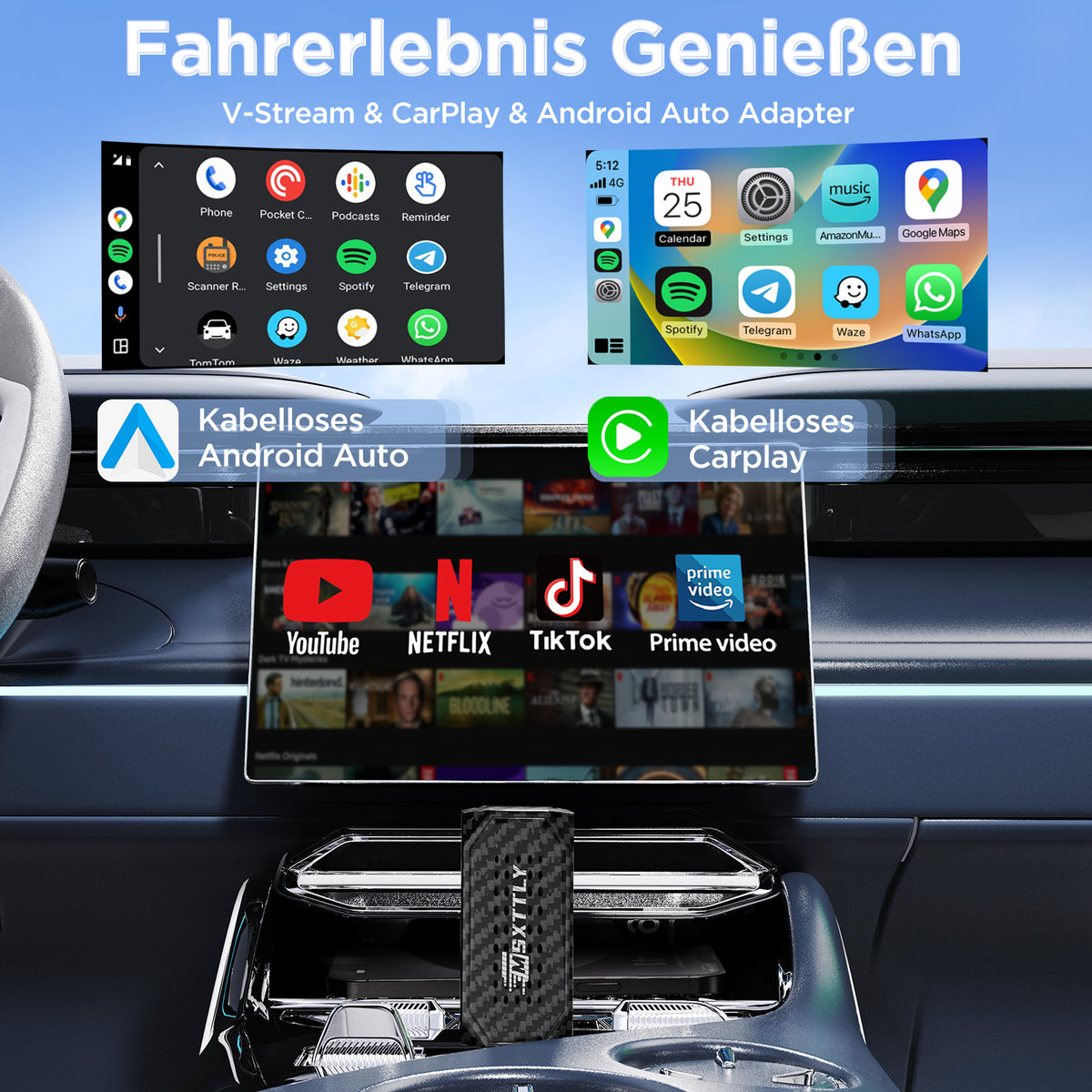 MSXTTLY Vstream 3in1 Wireless CarPlay Android Auto Adapter, Support Netflix/YouTube/TikTok/Prime Video
