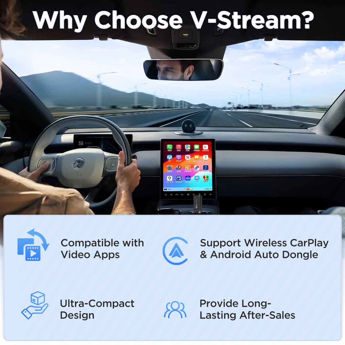 MSXTTLY Vstream Adaptador inalámbrico 3 en 1 CarPlay & Android Auto con Netflix, YouTube, TikTok & Prime Video